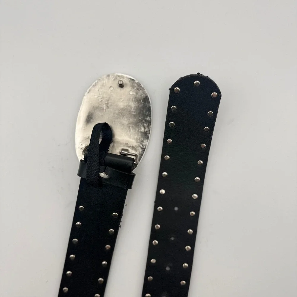 Steve‎ Madden Mens Black Leather Studded Belt Silver Oval Buckle 37 Inch